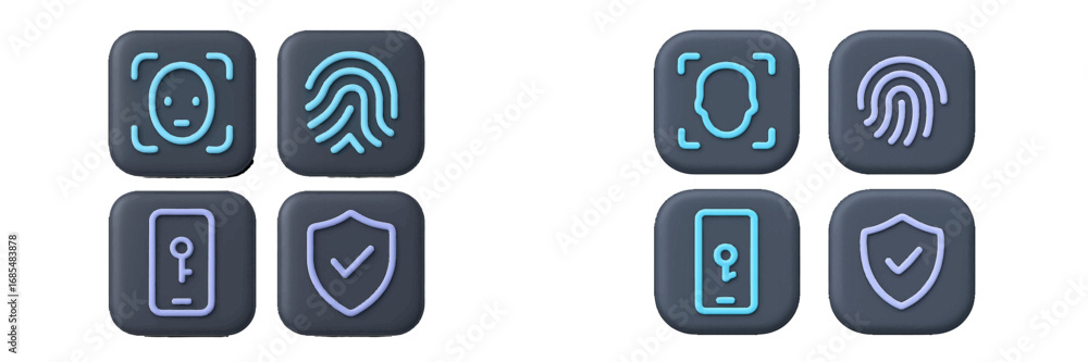 Poster 3d security icon set with face recognition, fingerprint scanner, password key, and protection shield