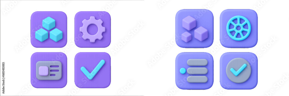 Poster collection of 3d user interface icons for web and mobile applications featuring settings gear, check