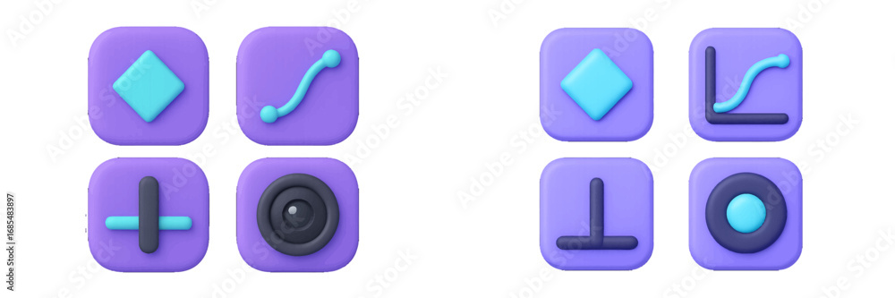 Poster 3d user interface icons for mobile app and web design with camera, graph, pen tool, and selection sy