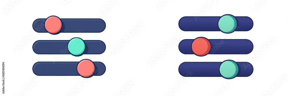 Poster set of toggle switch buttons for user interface design, on and off sliders for mobile app or website