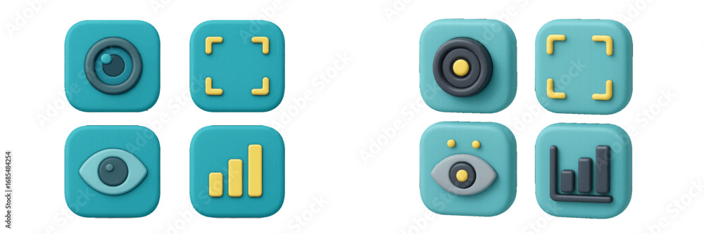 Poster modern 3d style icon set for user interface design featuring camera, focus frame, view eye, and anal