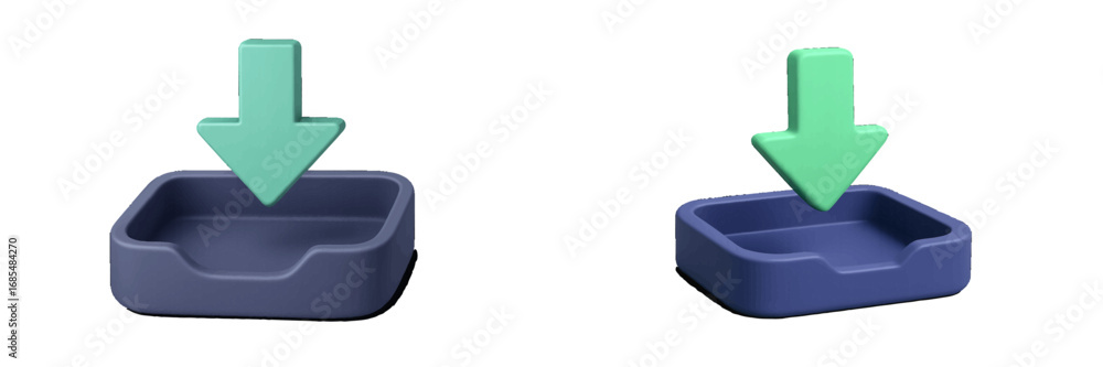 Aufkleber set of 3d download icons with a green arrow pointing into a blue inbox tray for saving, data transfe