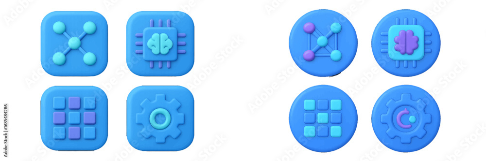 Poster 3d technology icon set with machine learning brain, network connection, settings gear, and menu grid