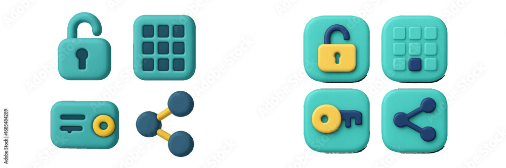 Poster 3d icon set for security and sharing with padlock, key, keypad, and network symbols for modern user 