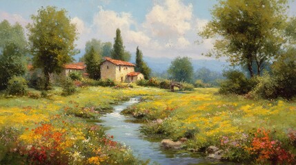 Fototapeta premium Idyllic european countryside landscape painting with a winding stream flowing through a meadow of wildflowers towards a rustic stone house