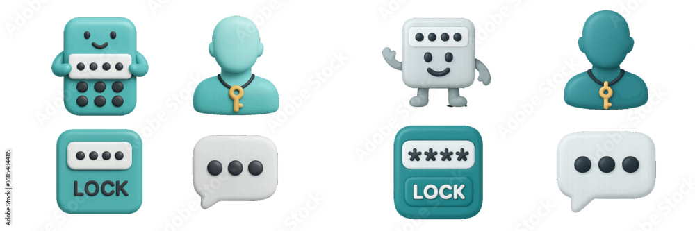 Poster 3d icon set for cybersecurity and user authentication with cute characters, password fields, locks, 