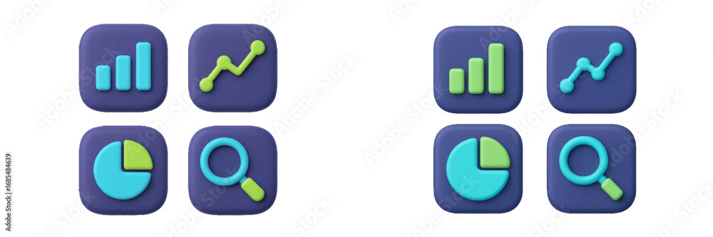 Poster 3d data analysis icon set with bar chart, line graph, pie chart, and search symbol for business and 