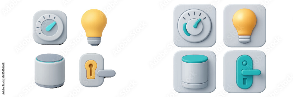 Poster 3d smart home icon set for home automation with light bulb, thermostat, door lock, and smart speaker