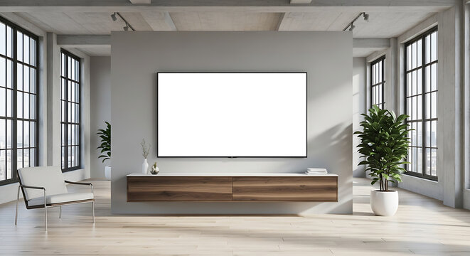 Smart Tv Blank Screen Mockup On Floating Cabinet In Modern Loft - Powered by Adobe