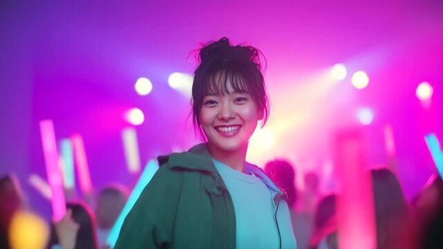 女性が夏のライブ会場で楽しく笑顔を見せる瞬間