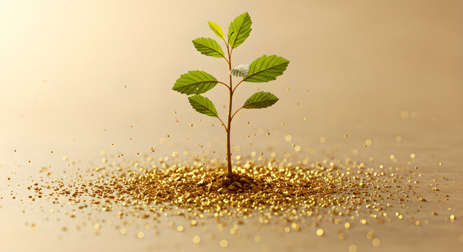 Plant Growing from Golden Soil Symbolizing Investment, Wealth, and Financial Growth