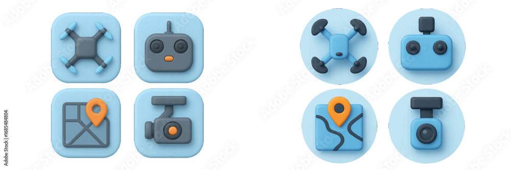 Aufkleber 3d drone icon set with quadcopter, remote controller, map navigation, and camera symbols for user in
