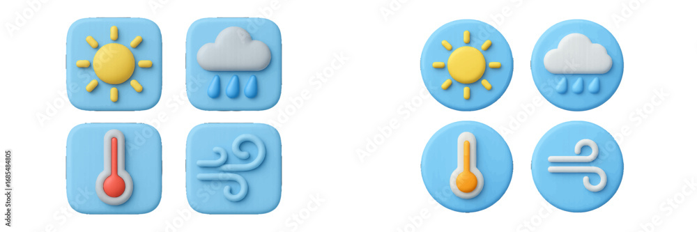 Poster 3d weather icon set with sun, cloud, rain, wind, and thermometer symbols for forecast applications a