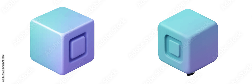 Poster set of two 3d isometric cubes with a blue and purple gradient color scheme and rounded corners isola