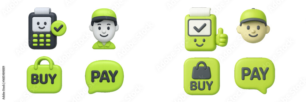 Aufkleber 3d e-commerce and online payment icon set with a pos terminal, buy button, and customer character fo
