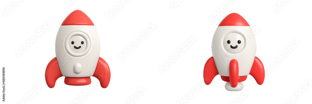 Poster cute cartoon rocket ship character with a smiling face isolated on a white background for space expl