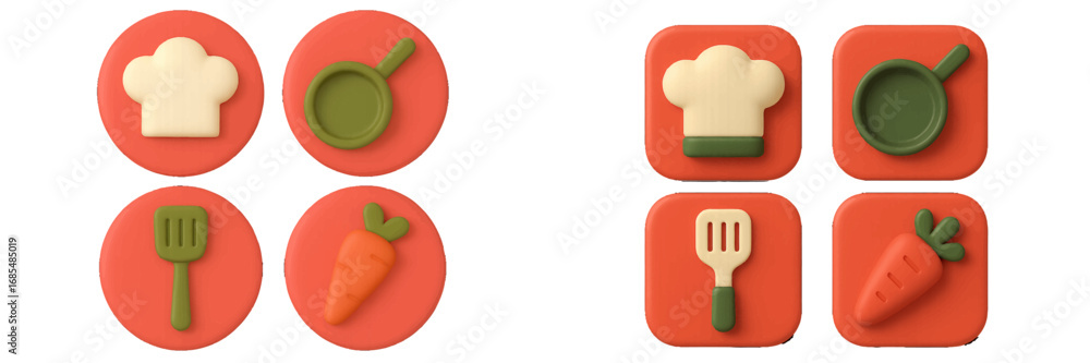 Aufkleber set of 3d cooking and kitchen icons for web and mobile applications featuring a chef hat, frying pan