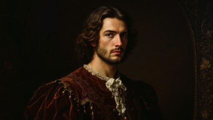 Fototapeta premium Portrait of a man with long brown hair and a beard wearing a renaissance style shirt and dark background
