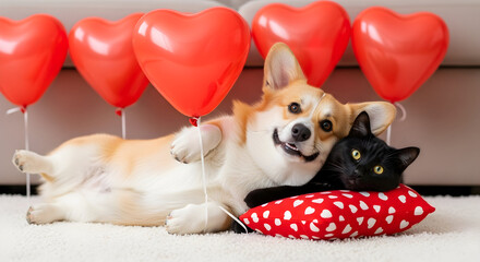 Valentine s Love a Corgi and black cat embrace with heart balloons captured in soft diffused natural