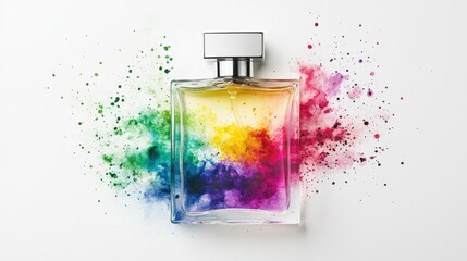 Colorful fragrance bottle surrounded by splashes of vibrant colors on a white background creates a captivating visual experience