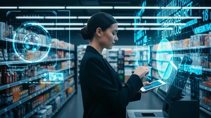 A woman in a black blazer interacts with a futuristic holographic interface displaying data and charts in a modern supermarket aisle - Powered by Adobe