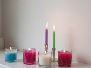 Arrangement of colorful candles in glass holders and silver candlesticks on white surface