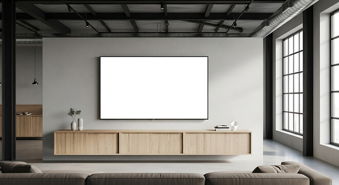 Smart Tv Blank Screen Mockup On Floating Cabinet In Modern Loft
