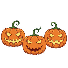 Three vibrant Halloween pumpkins, each featuring a unique scary carved face, are perfectly arranged in a row as a clean 2D flat vector illustration, isolated on white.
