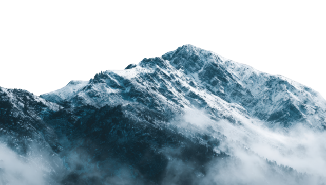 Snowy mountain range shrouded in mist