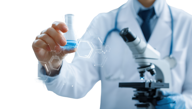 Scientist holding a flask with a microscope in the background