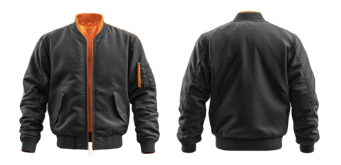 Dark gray bomber jacket with contrasting orange lining