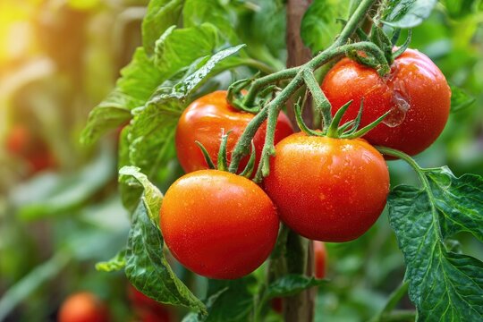 Ripe tomatoes on a vine, lush foliage
