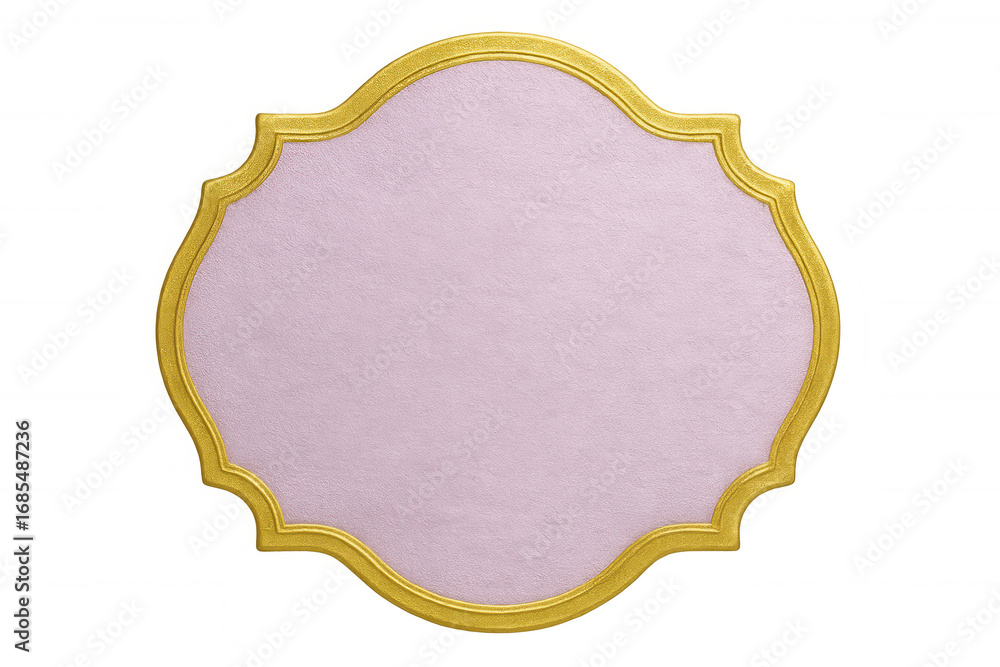 Poster golden-trimmed pink label featuring textured surface, resting on transparent backdrop with open desi