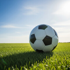 Fototapeta premium soccer ball on green grass. A soccer ball slightly deflated on a frosty green field during a cold winter morning.