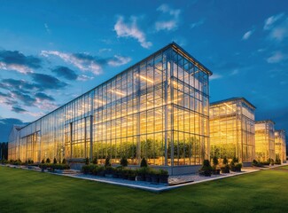 Obraz premium Modern greenhouse complex at twilight
