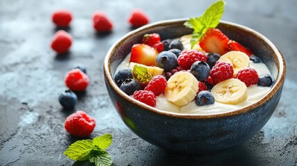 Healthy Breakfast with Fresh Fruits and Yogurt