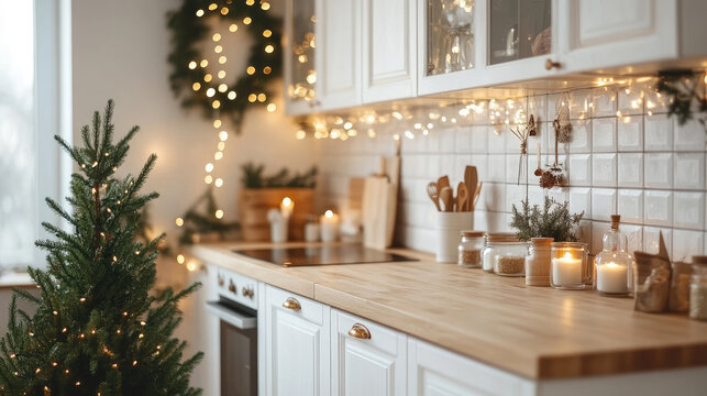 Wooden christmas kitchen countertop with burning candles, pine branches and string lights creating a warm and cozy atmosphere with blurred christmas trees in the background - Powered by Adobe