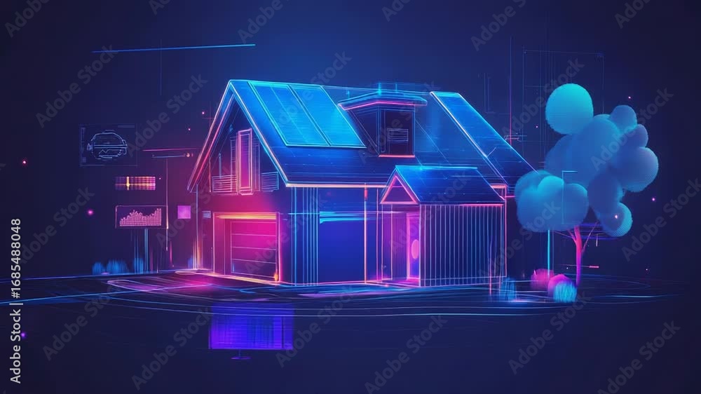 Poster smart home powered by renewable energy with futuristic interface displaying data