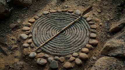 Circular stone and rope design with arrow in a natural setting during daylight hours