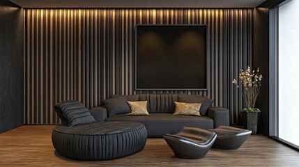 Modern minimalist living room featuring a dark-grey sectional sofa, plush round ottoman, sleek black side tables, and a large framed artwork against a dark wood-paneled wall with warm backlighting.