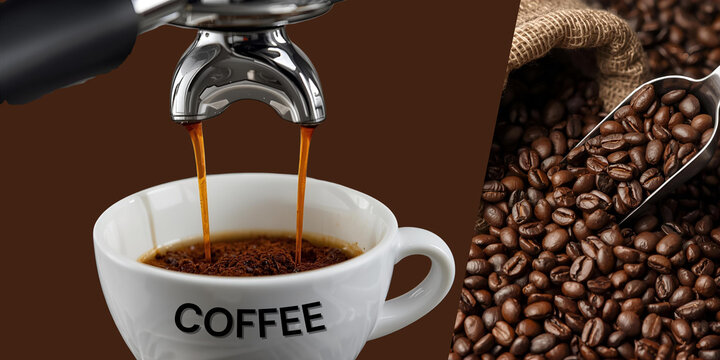 Freshly brewed coffee dripping from a coffee machine portafilter into a cup, combined with roasted beans and fresh coffee visuals. Perfect for advertising, branding, or promotional use.