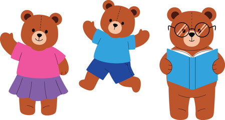 Cute teddy bear cartoon characters in colorful clothes, reading book, jumping, waving hand, kids illustration, children toy, education vector design