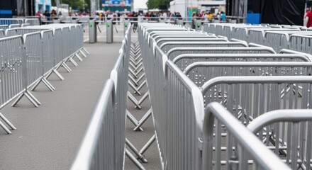 Rows of shiny silver crowdbarrier fences neatly aligned on asphalt forming secure boundary for large city festival entrance area.