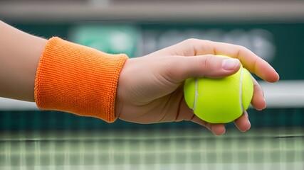 tennis player’s hand holding a bright yellow tennis ball, wearing an orange wristband,
