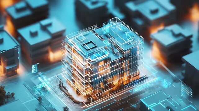 Futuristic smart city integrating building information modeling with holographic overlay