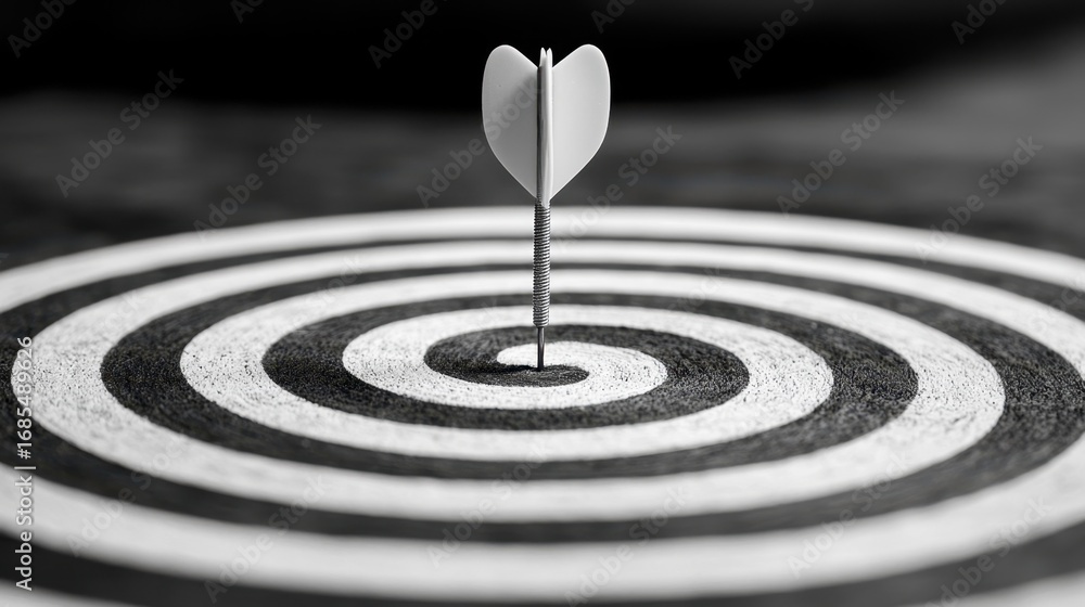 Poster dart hitting bullseye on a circular target in black and white during a competitive game