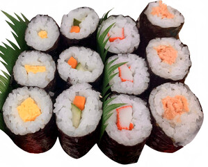 A neatly arranged set of twelve sushi rolls showcases a colorful mixed ingredients like crab, egg, cucumber, tuna, wrapped in seaweed and accented with fresh green leaves isolate on white background 