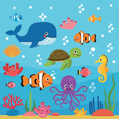 Naklejka premium Colorful Underwater Scene with Cartoon Fish, Whale, Turtle, Octopus, and Coral Reef for Kids