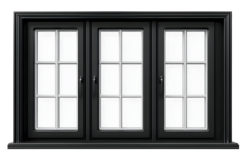 A black window with three panes and white frames isoated on transparent or whie background, png