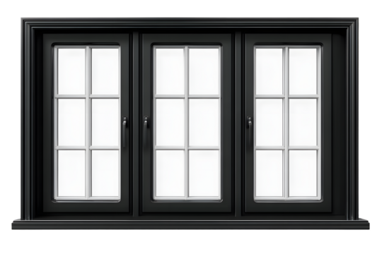 A black window with three panes and white frames isoated on transparent or whie background, png - Powered by Adobe
